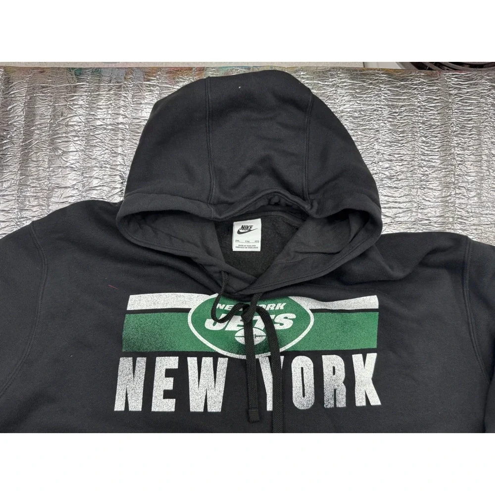 Nike New York Jets NFL Hoodie Mens XXL Black Distressed Graphic Sweatshirt